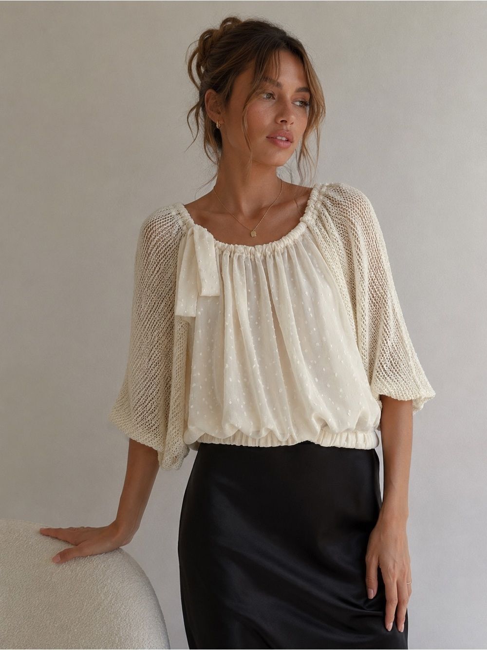 A’Reve Cream Chiffon Fishnet Puff Sleeve Sheer Swiss Dot Blouse Top Size M